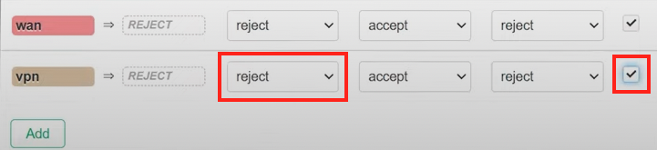 OpenWrt firewall zone settings with vpn zone input set to reject and masquerading enabled.
