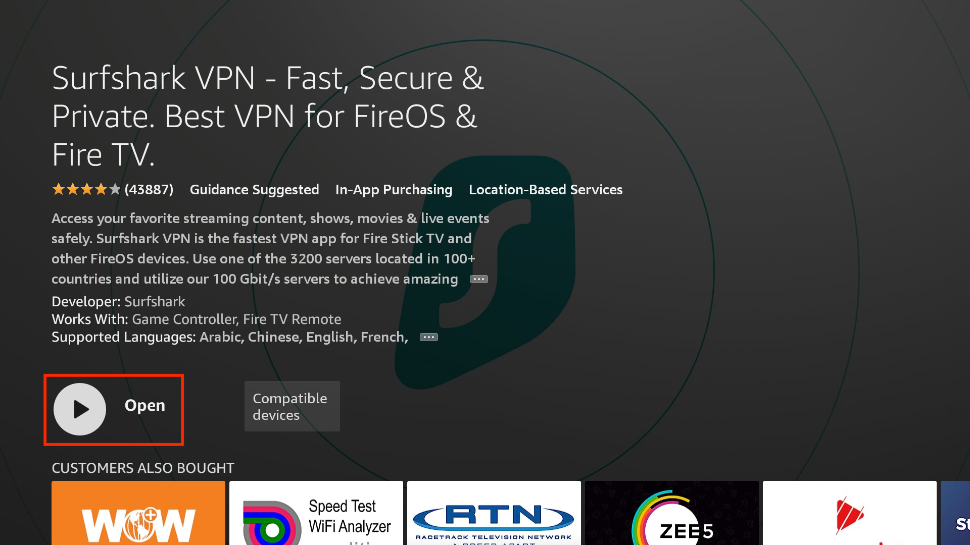 Surfshark VPN app detail page on Fire TV with the “Open” button highlighted, app description, supported languages, and customer recommendation section.