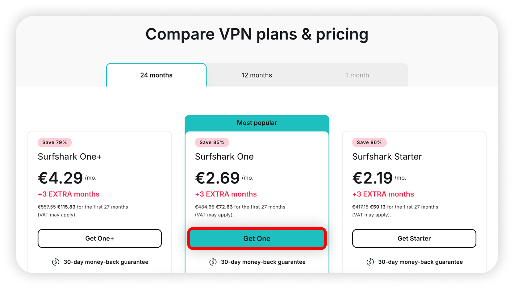 View of Surfshark pricing macos web, get one button is highlighted.png