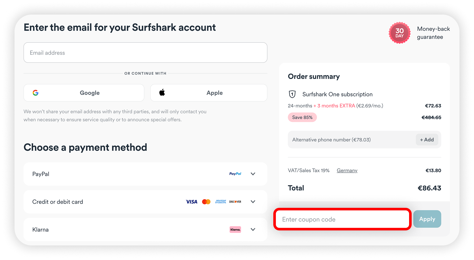 View of Surfshark subscription buying page, enter the coupon code field is highlighted.png