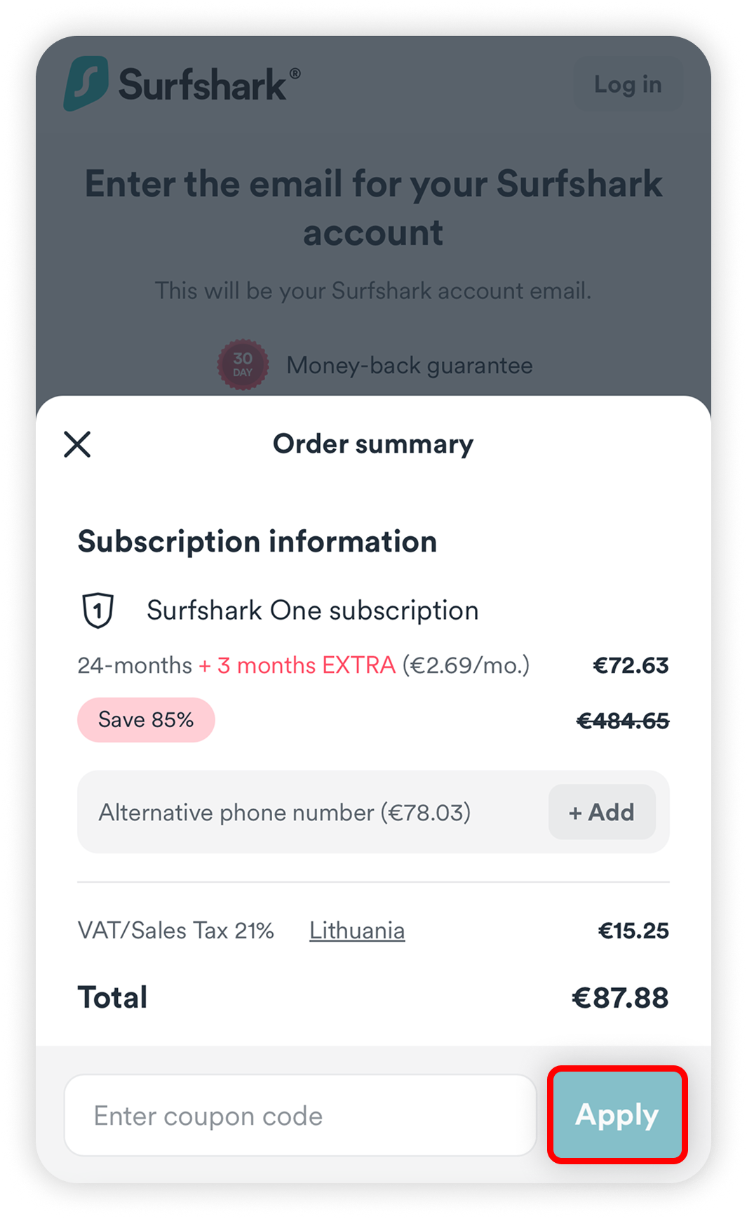 View of Surfshark subscription buying page ios, enter the coupon code field is highlighted-1.png