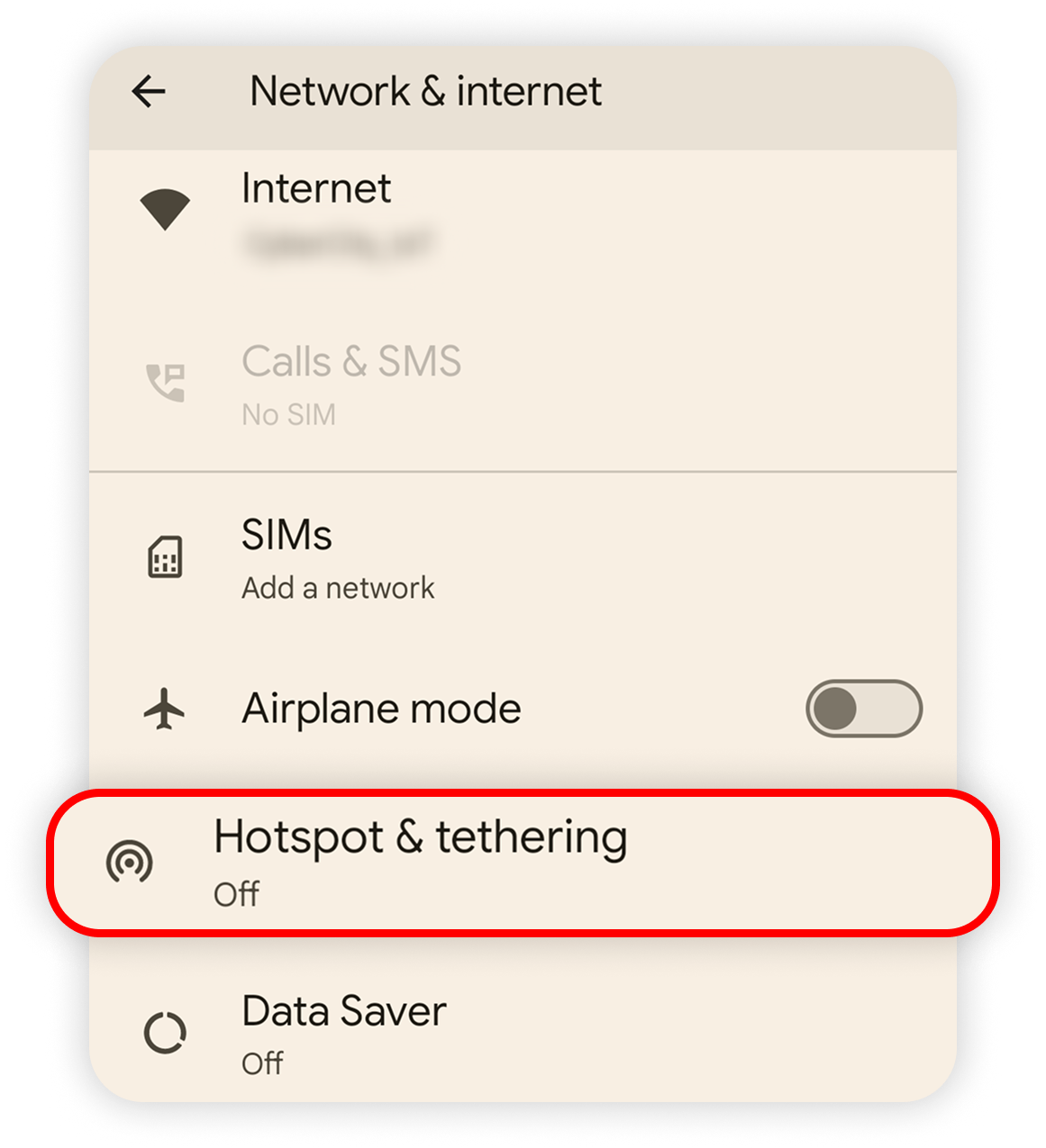 View of Android settings, hotspot & tethering button is highlighted.png