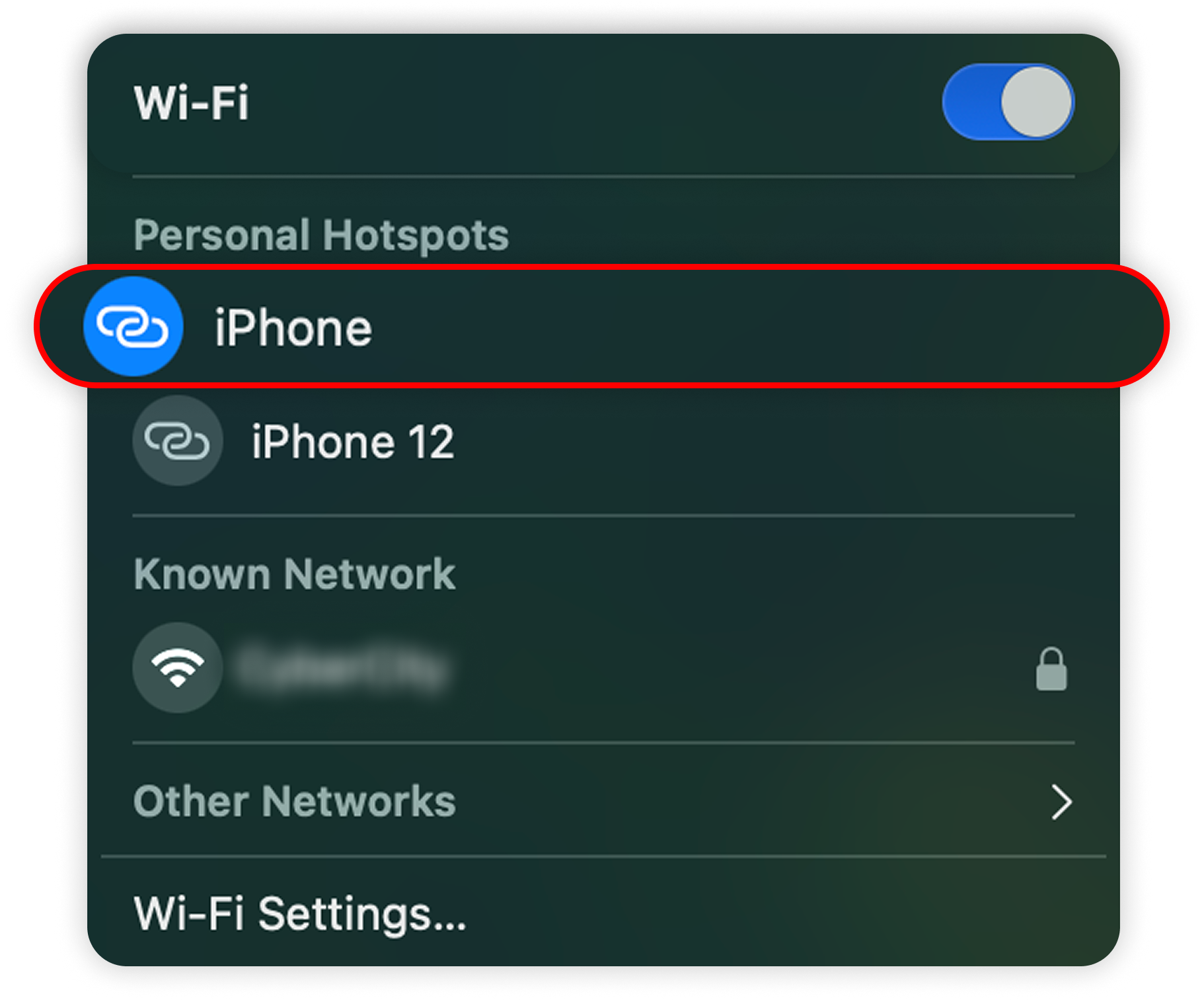 View of macOS Wi-fi dropdown, shared hotspot network is highlighted.png