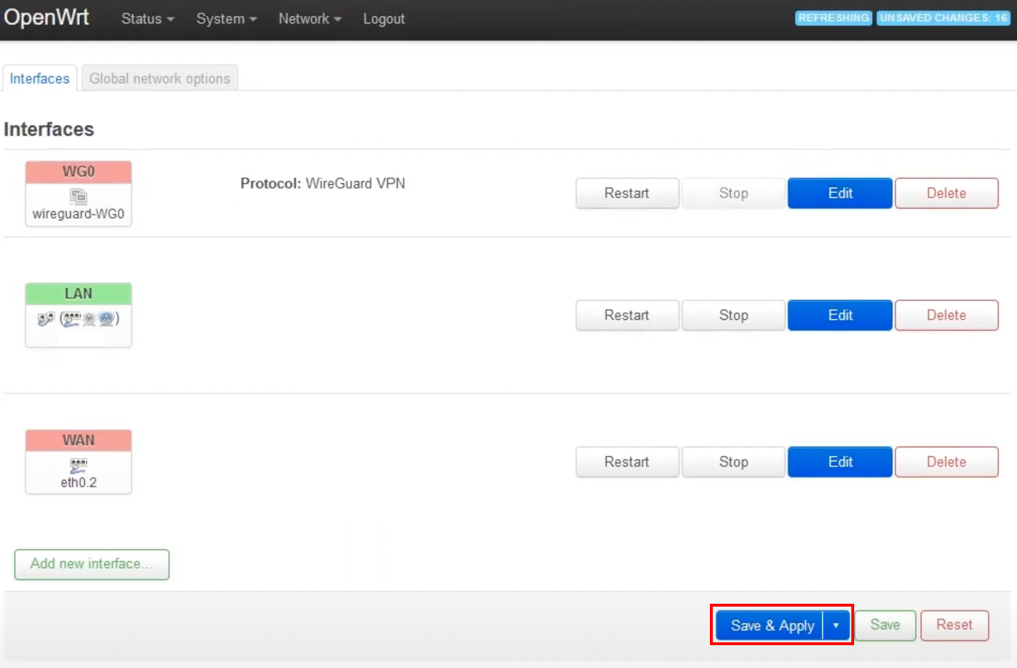 OpenWrt interfaces list, including the new WireGuard VPN interface, with “Save & Apply” button highlighted.